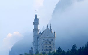 Preview wallpaper castle, palace, tower, forest, fog