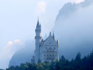 Preview wallpaper castle, palace, tower, forest, fog