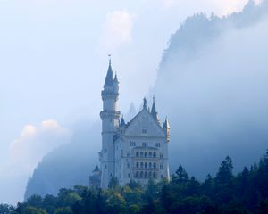 Preview wallpaper castle, palace, tower, forest, fog