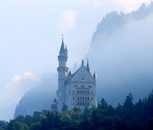 Preview wallpaper castle, palace, tower, forest, fog
