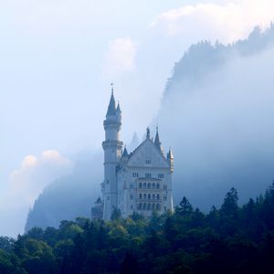 Preview wallpaper castle, palace, tower, forest, fog