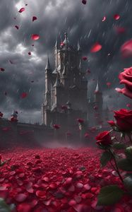 Preview wallpaper castle, rain, roses, petals, art