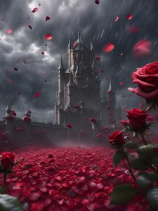 Preview wallpaper castle, rain, roses, petals, art