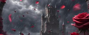 Preview wallpaper castle, rain, roses, petals, art
