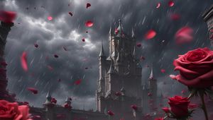 Preview wallpaper castle, rain, roses, petals, art