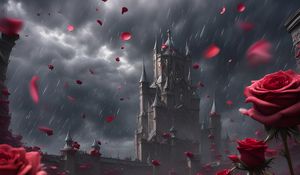 Preview wallpaper castle, rain, roses, petals, art