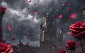 Preview wallpaper castle, rain, roses, petals, art