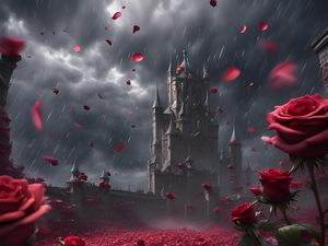 Preview wallpaper castle, rain, roses, petals, art