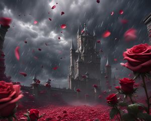 Preview wallpaper castle, rain, roses, petals, art