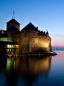 Preview wallpaper castle, river, lake, night