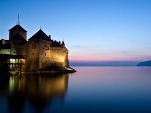 Preview wallpaper castle, river, lake, night