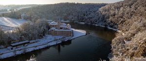 Preview wallpaper castle, river, trees, snow, winter