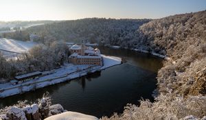 Preview wallpaper castle, river, trees, snow, winter