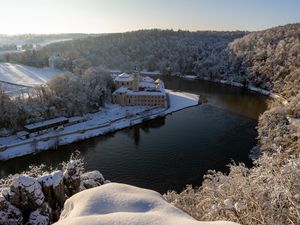 Preview wallpaper castle, river, trees, snow, winter