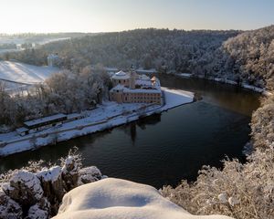 Preview wallpaper castle, river, trees, snow, winter