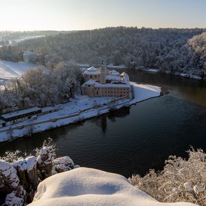 Preview wallpaper castle, river, trees, snow, winter