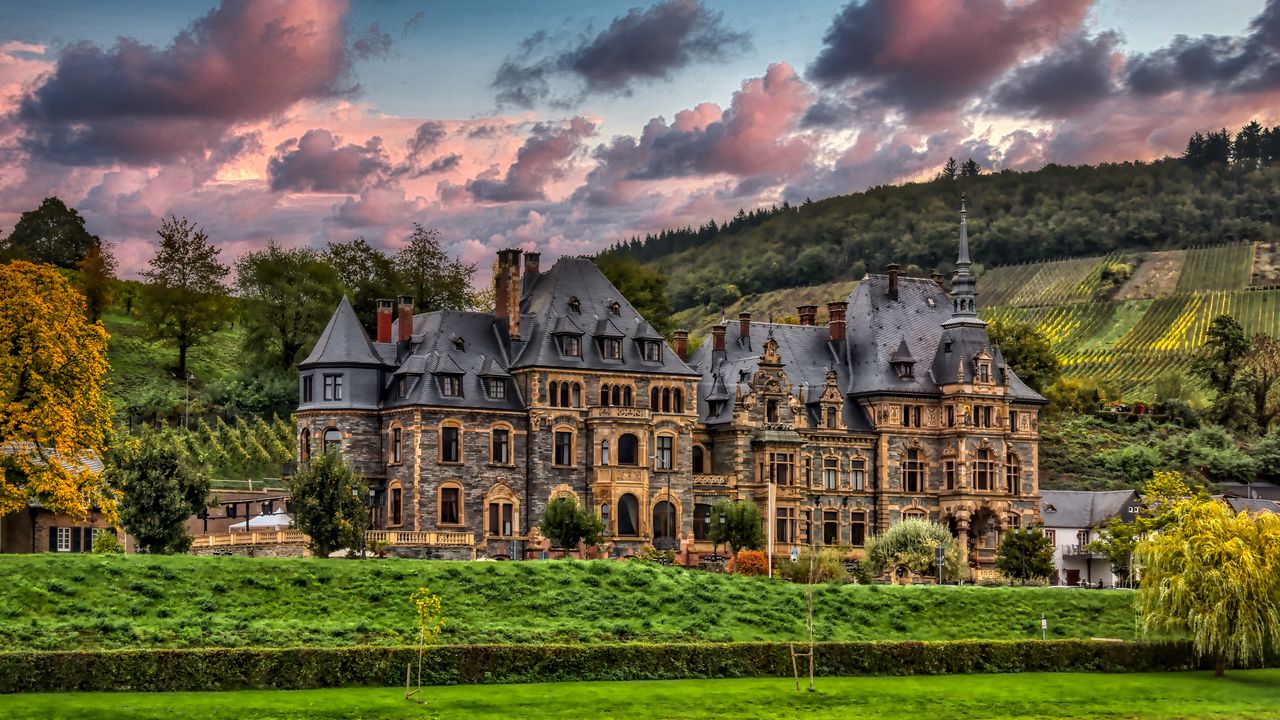 Wallpaper castle, river, trees, clouds, hills, view