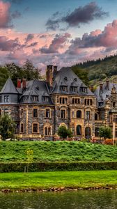 Preview wallpaper castle, river, trees, clouds, hills, view