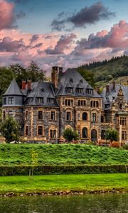 Preview wallpaper castle, river, trees, clouds, hills, view