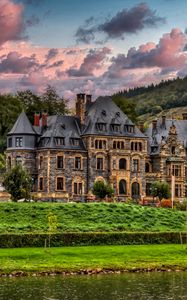 Preview wallpaper castle, river, trees, clouds, hills, view
