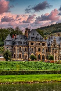 Preview wallpaper castle, river, trees, clouds, hills, view