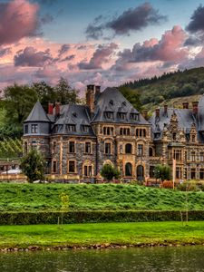 Preview wallpaper castle, river, trees, clouds, hills, view