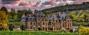 Preview wallpaper castle, river, trees, clouds, hills, view