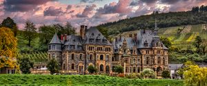 Preview wallpaper castle, river, trees, clouds, hills, view