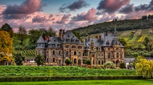 Preview wallpaper castle, river, trees, clouds, hills, view