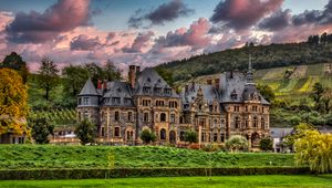 Preview wallpaper castle, river, trees, clouds, hills, view