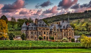 Preview wallpaper castle, river, trees, clouds, hills, view