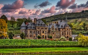 Preview wallpaper castle, river, trees, clouds, hills, view