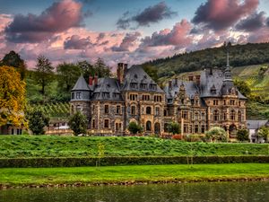 Preview wallpaper castle, river, trees, clouds, hills, view