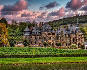 Preview wallpaper castle, river, trees, clouds, hills, view