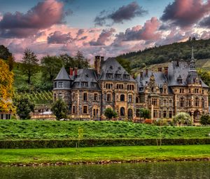 Preview wallpaper castle, river, trees, clouds, hills, view