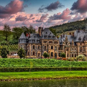 Preview wallpaper castle, river, trees, clouds, hills, view