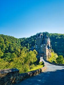 Preview wallpaper castle, road, forest, trees, sky