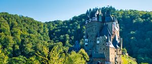 Preview wallpaper castle, road, forest, trees, sky