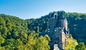 Preview wallpaper castle, road, forest, trees, sky