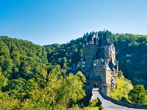 Preview wallpaper castle, road, forest, trees, sky