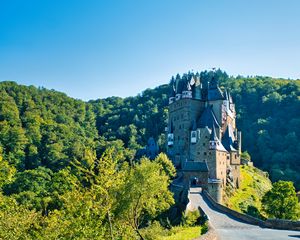 Preview wallpaper castle, road, forest, trees, sky