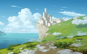 Preview wallpaper castle, rock, cliff, art