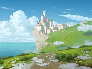 Preview wallpaper castle, rock, cliff, art