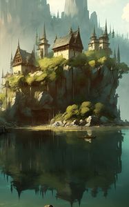 Preview wallpaper castle, rock, lake, art