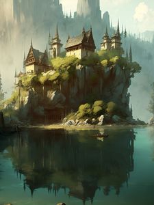 Preview wallpaper castle, rock, lake, art