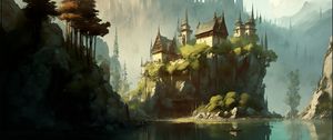 Preview wallpaper castle, rock, lake, art