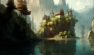 Preview wallpaper castle, rock, lake, art