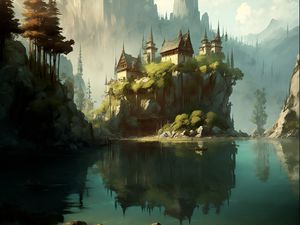 Preview wallpaper castle, rock, lake, art