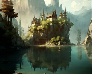 Preview wallpaper castle, rock, lake, art