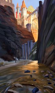 Preview wallpaper castle, rocks, gorge, art